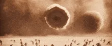 A six-panel sequence shows a nuclear explosion progressing from a small fireball to a massive mushroom cloud, with tiny…