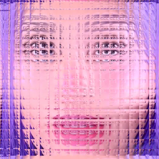 A close-up of a woman's face with a glitchy, pixelated, and distorted visual effect overlaying her features. The image has a…
