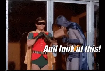 Six panels from the 1960s Batman TV show show Robin and Batman reacting to a broken glass door. Robin points at the damage…