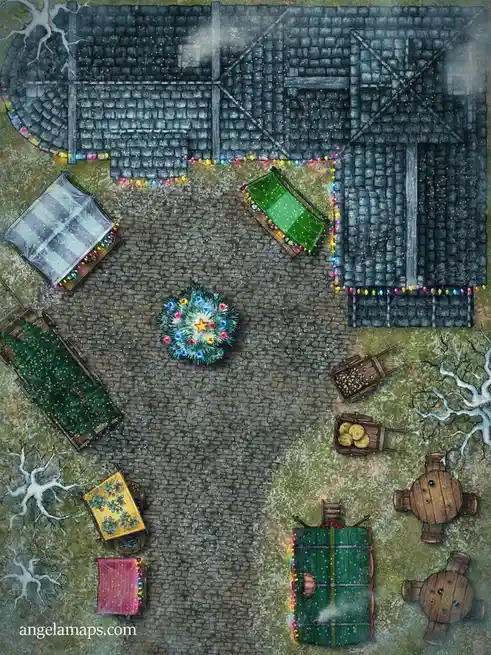 An overhead fantasy map depicts a snowy courtyard with a central decorated christmas tree, surrounded by various tents…