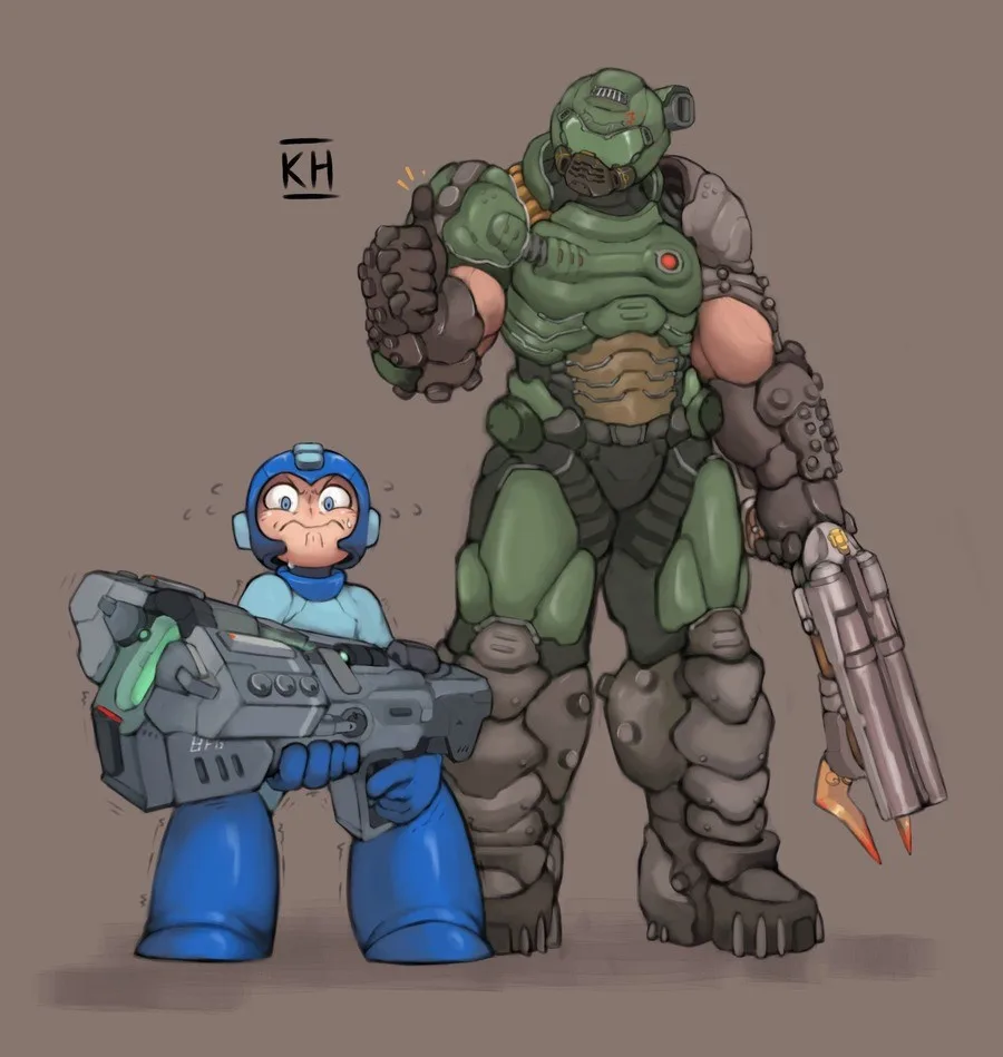 A small, blue-armored Mega Man stands nervously holding a large gun, dwarfed by a towering green armored soldier who gives a…