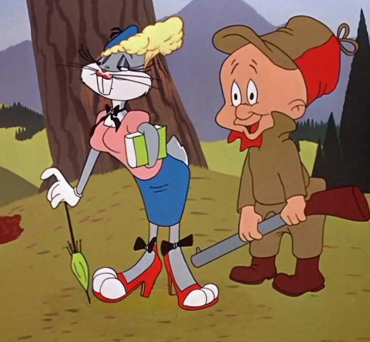 A cartoon rabbit dressed in a pink top, blue skirt, red high heels, and a blonde wig holds a green book while leaning…