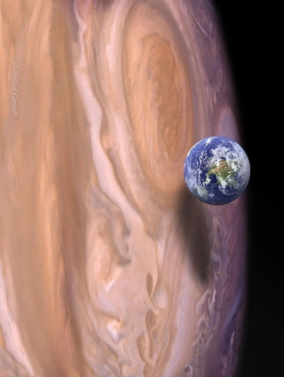 A composite image shows the Earth, with visible continents and clouds, positioned next to the swirling, colorful bands of…