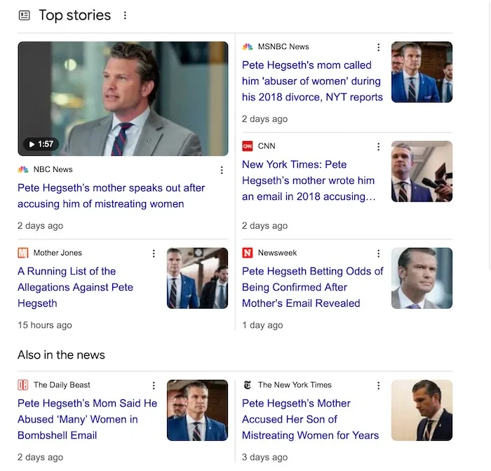 A screenshot of a news feed shows multiple headlines about Pete Hegseth's mother accusing him of mistreating women, with the…