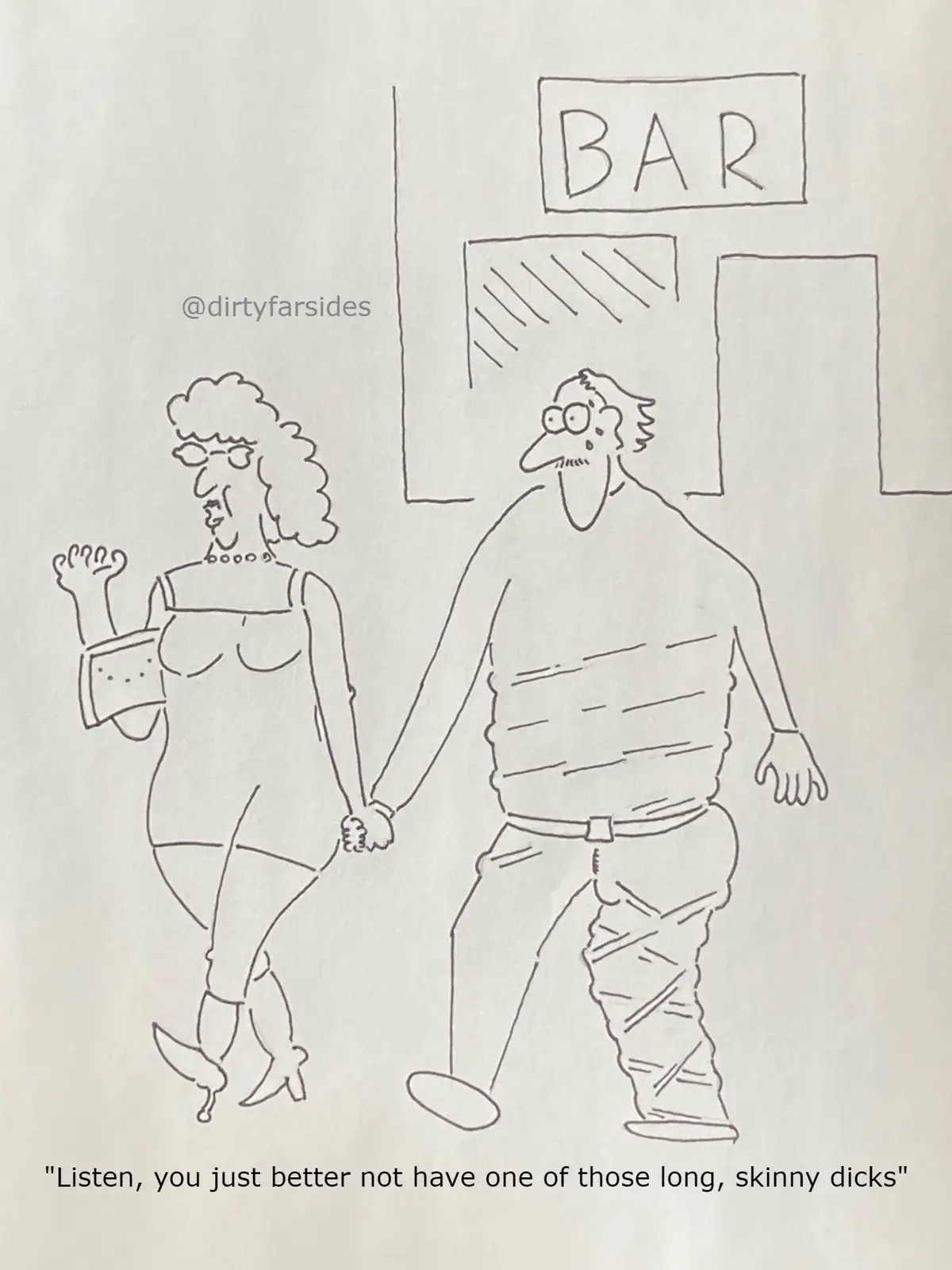 A black-and-white line drawing shows a woman with curly hair and glasses, wearing a dress and high heels, holding hands with…