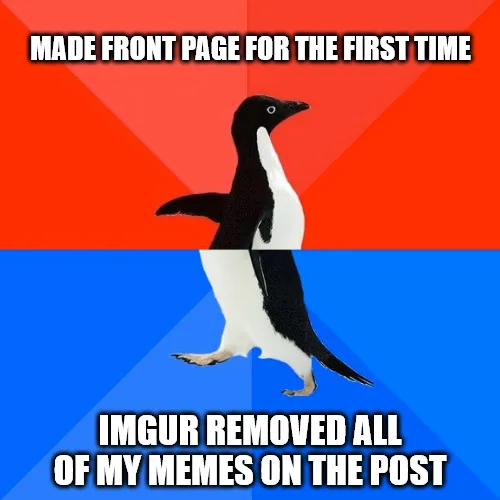A penguin stands in a split-screen image with a red top half and blue bottom half. White text at the top reads 'MADE FRONT…