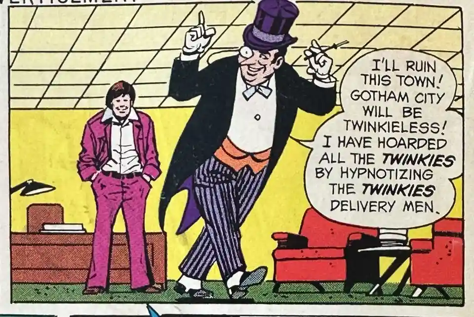 A comic book panel shows a villain in a purple top hat and striped suit declaring he has hoarded all Twinkies by hypnotizing…