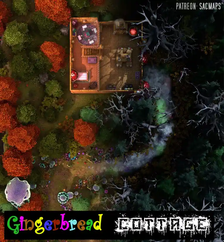 An overhead fantasy map shows a cozy wooden cottage surrounded by autumn trees and glowing mushrooms, with a dark, gnarled…