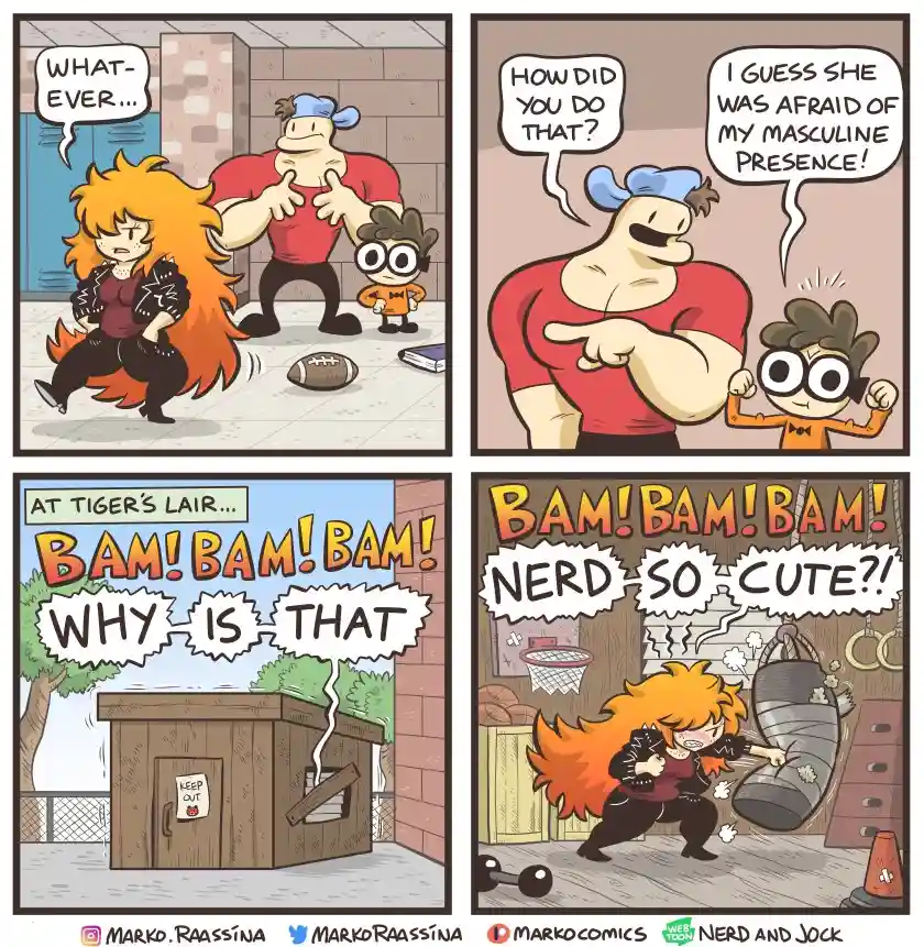 A four-panel comic strip shows a muscular jock confidently confronting a girl with orange hair and a black jacket, who…