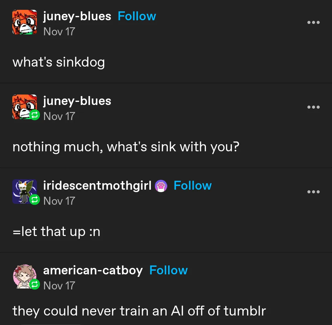 A screenshot of a Tumblr comment thread shows user 'juney-blues' asking 'what's sinkdog', then replying 'nothing much…
