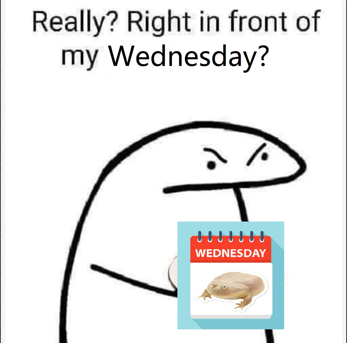 A simple black-and-white stick figure with an angry, skeptical expression holds a calendar page showing the word 'WEDNESDAY'…
