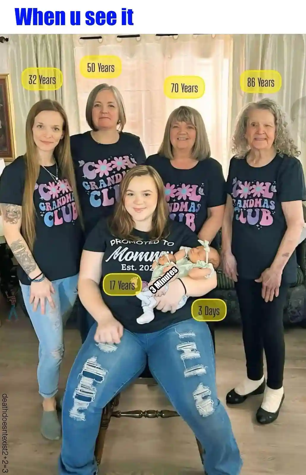 A family photo shows five women of varying ages, all wearing 'Cool Grandmas Club' t-shirts, standing behind a younger woman…