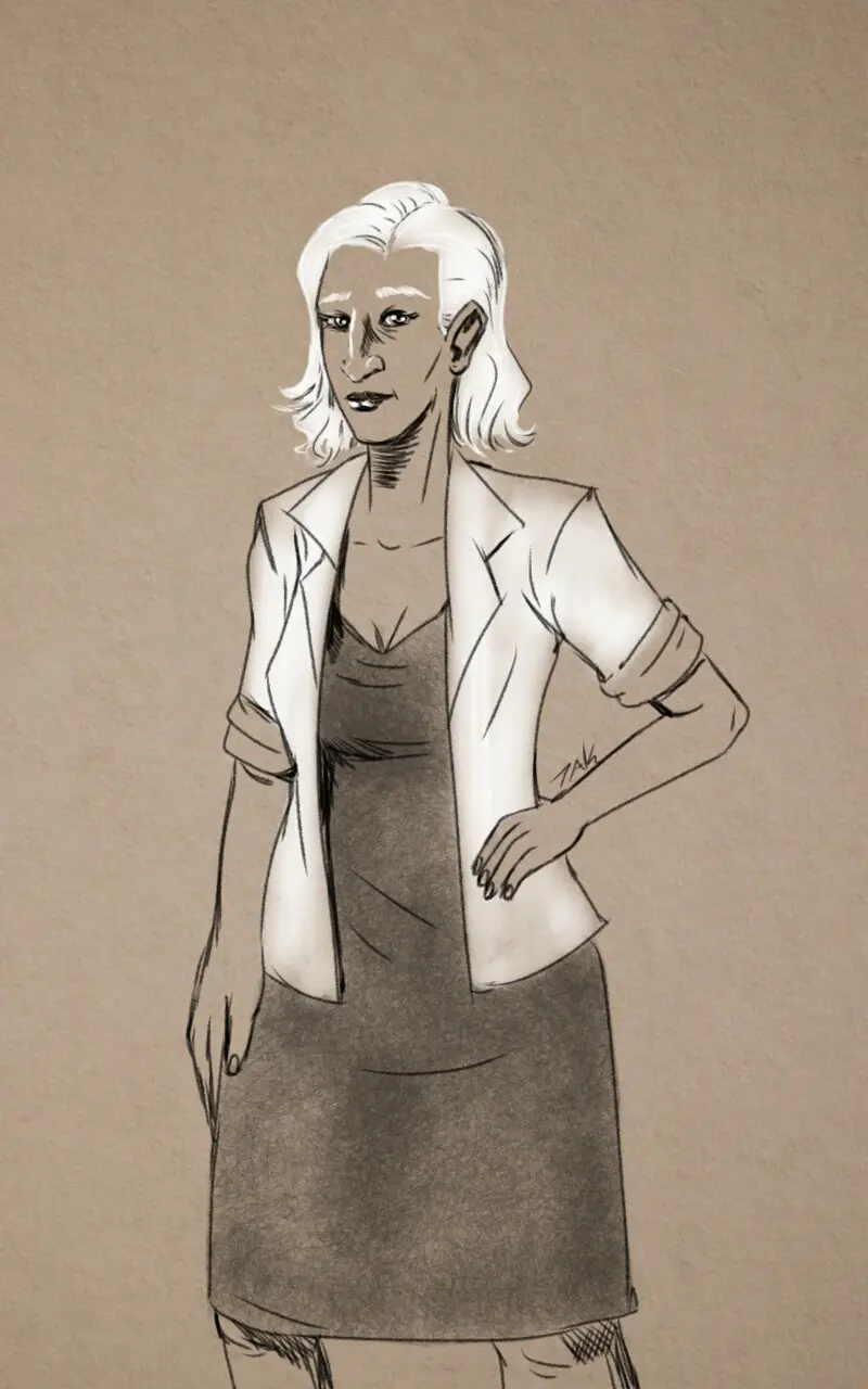 A sepia-toned sketch depicts a woman with short white hair, wearing a white blazer over a dark dress, standing with one hand…
