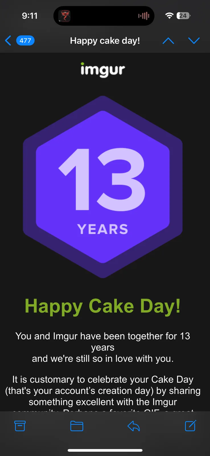 An Imgur app screen celebrating a user's 13-year anniversary with the platform, showing a purple hexagon with '13 YEARS' and…