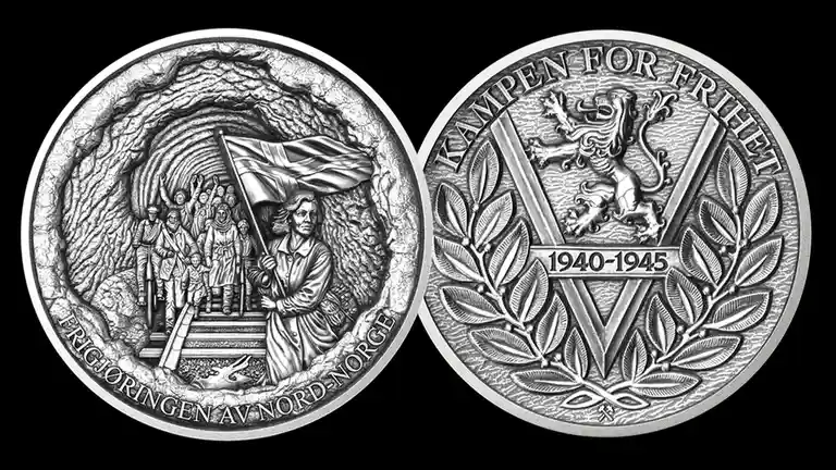 Two sides of a commemorative silver coin are shown side-by-side against a black background. The left side depicts a group of…