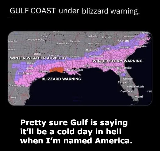 A weather map of the southeastern United States shows a 'BLIZZARD WARNING' over the Gulf Coast, with 'WINTER WEATHER…