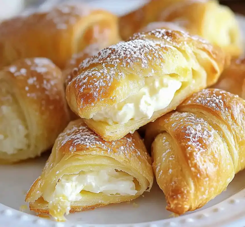 A close-up photo of golden-brown, flaky cream-filled pastries dusted with powdered sugar, stacked on a white plate. The…