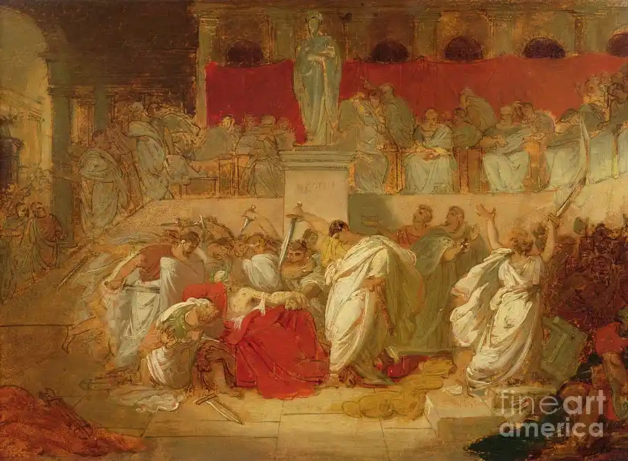 a classical painting depicts a chaotic scene in ancient rome with figures in togas, some wielding swords, surrounding a…