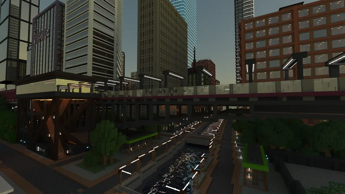 A screenshot of a highly detailed Minecraft cityscape at dusk, featuring blocky skyscrapers, a river with glowing water…