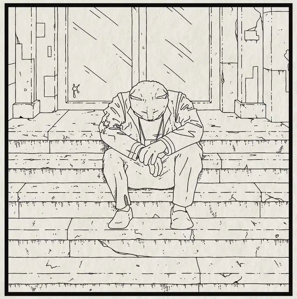 A black-and-white line drawing shows a turtle-like character sitting slumped on worn stone steps, head bowed and arms…