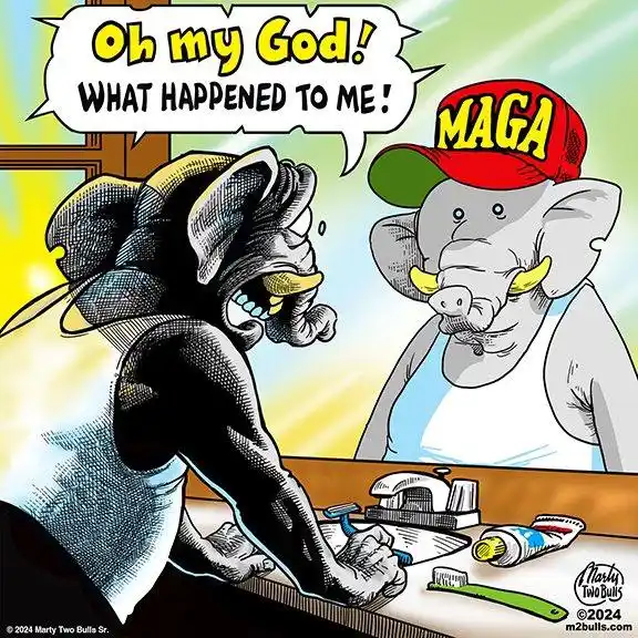 A cartoon depicts two elephants in a bathroom mirror scene. The elephant on the left, wearing a black tank top and looking…