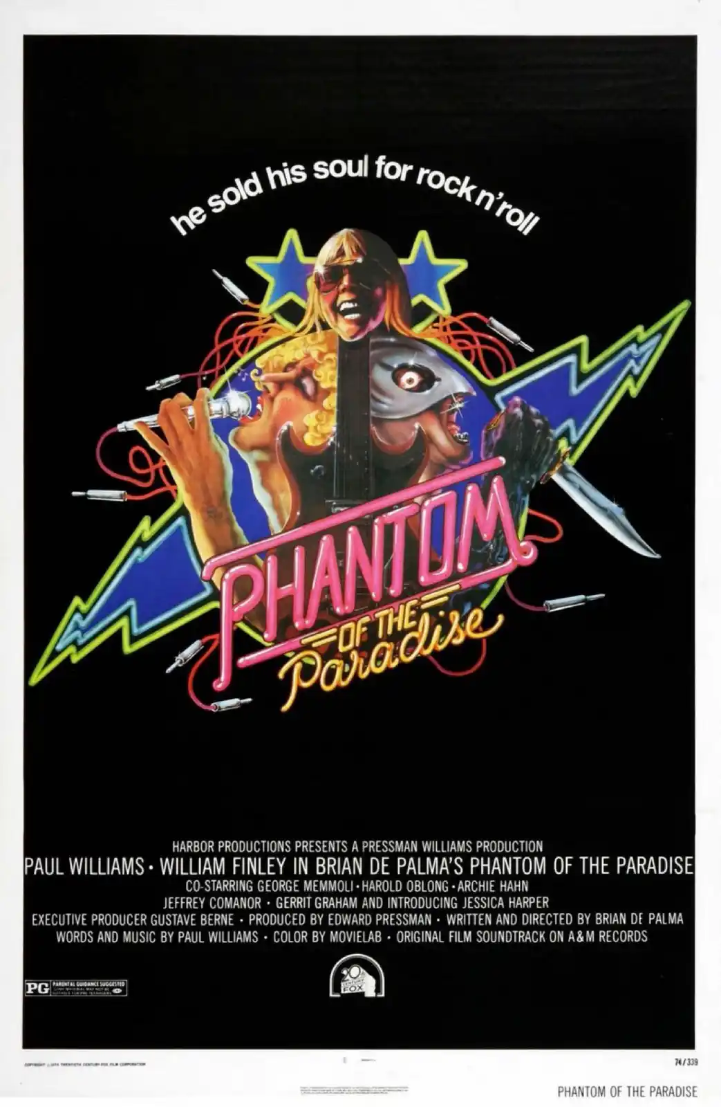 The image is a vintage movie poster for 'Phantom of the Paradise' featuring a split-face design: one side shows a blonde…