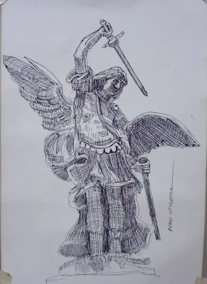 A black-and-white sketch of a winged, armored angelic figure holding a sword aloft in one hand and a staff in the other…