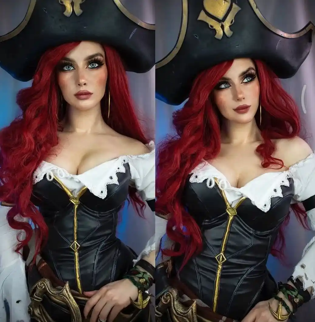 a split image shows a woman in a pirate costume with long red hair and a black tricorn hat, looking directly at the camera…