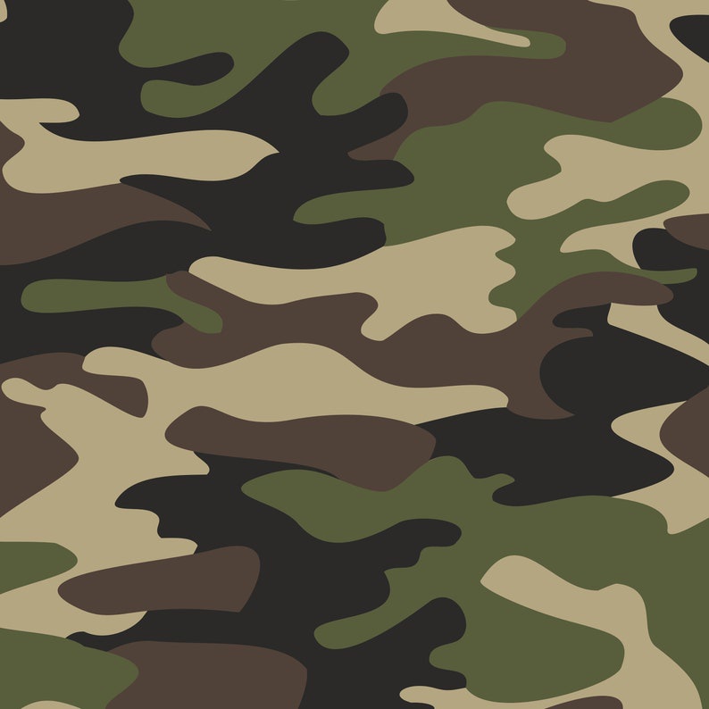 The image shows a standard woodland camouflage pattern with irregular splotches of green, brown, and beige. Overlaid text…