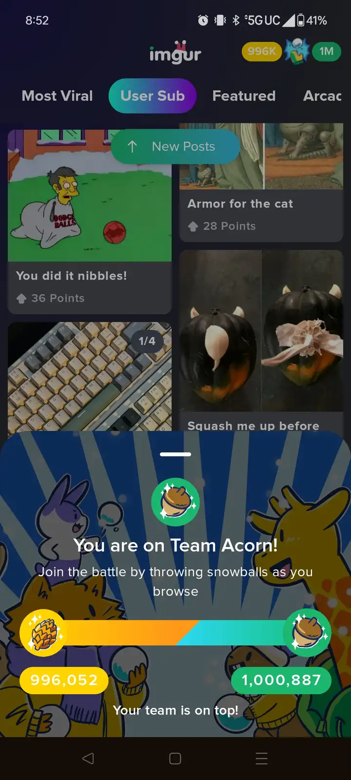 An Imgur app screenshot showing a 'Team Acorn' battle overlay with cartoon acorn characters and team scores. The overlay…