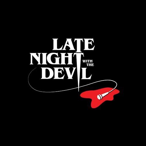 A black background features the text 'LATE NIGHT WITH THE DEVIL' in white, stylized font. A white line curves from the…