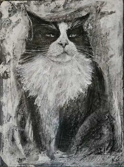 A black-and-white textured painting of a cat with a stern, unimpressed expression, featuring a white chest and dark patches…