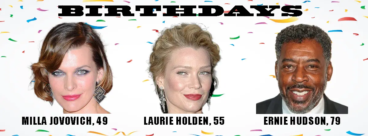 A celebratory image with confetti background and the word 'BIRTHDAYS' at the top, featuring three headshots of celebrities…
