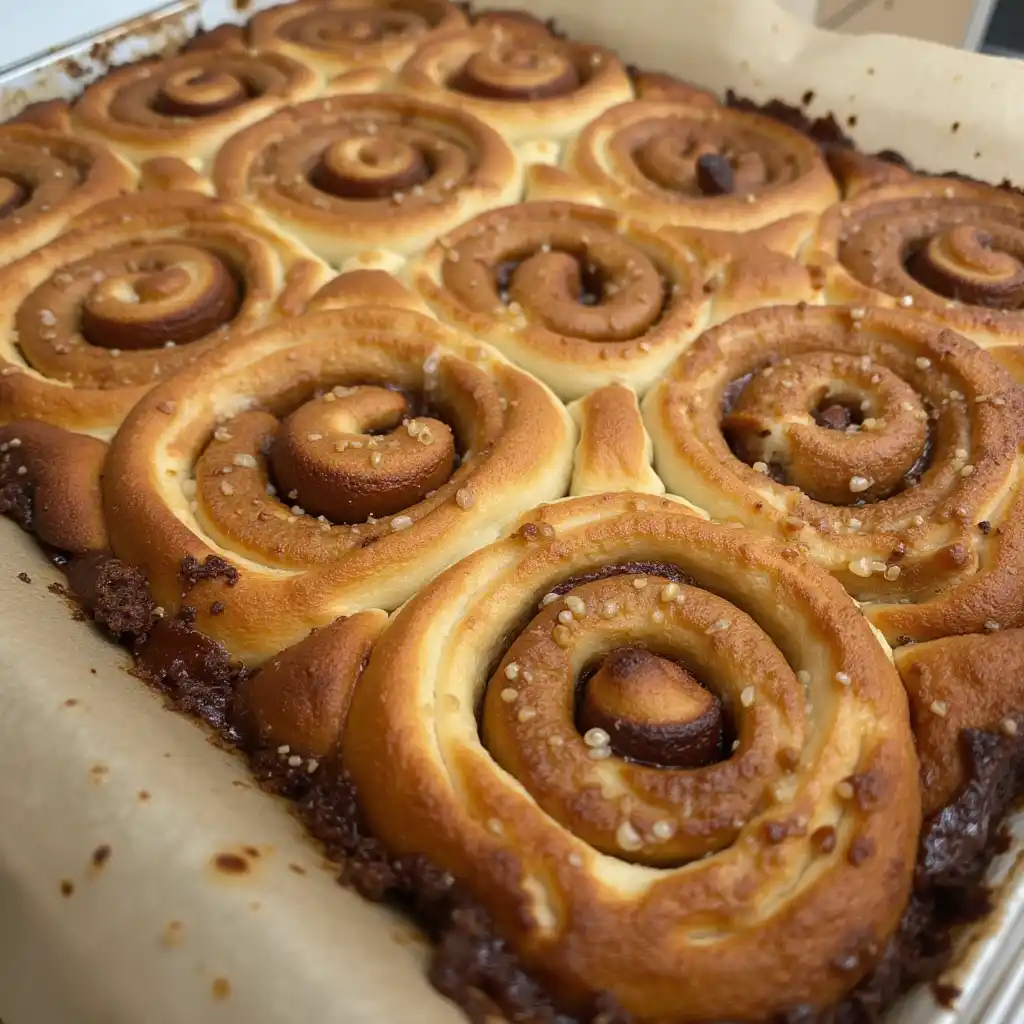 A close-up photo of freshly baked cinnamon rolls in a baking pan, golden-brown with visible sugar crystals and dark filling…