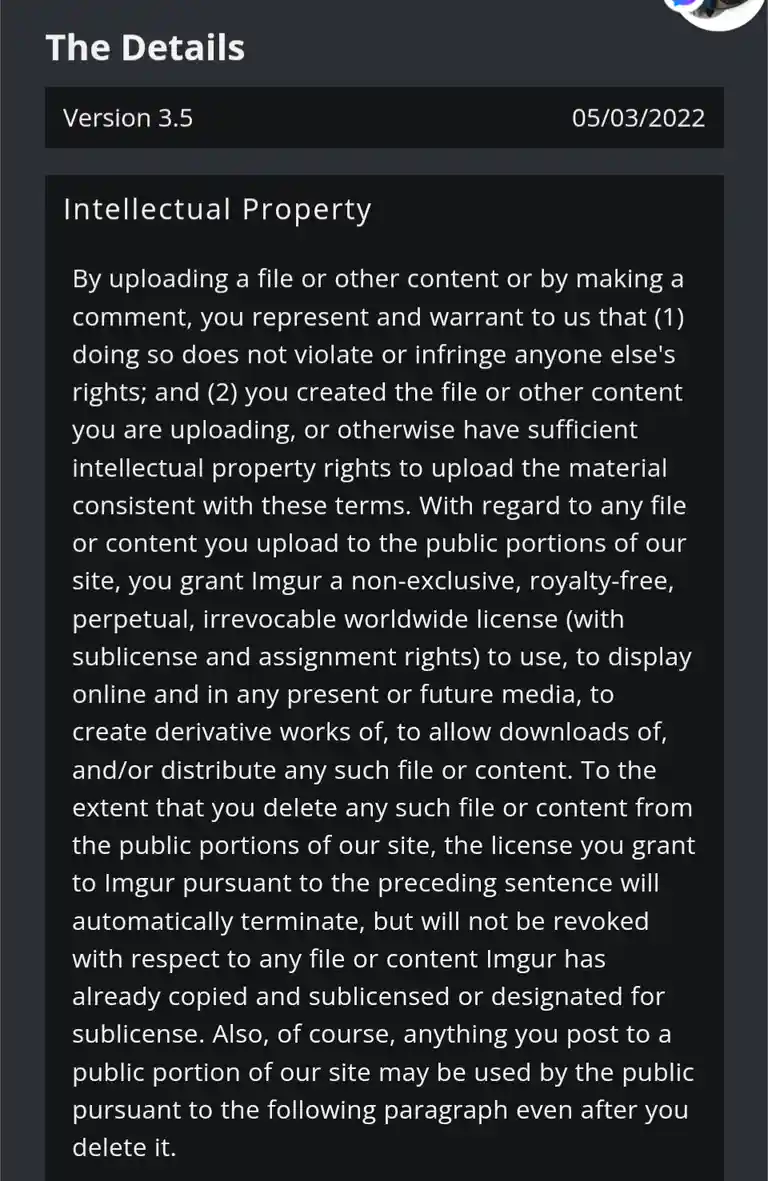 A screenshot of Imgur's 'The Details' terms of service page, specifically the 'Intellectual Property' section from version…