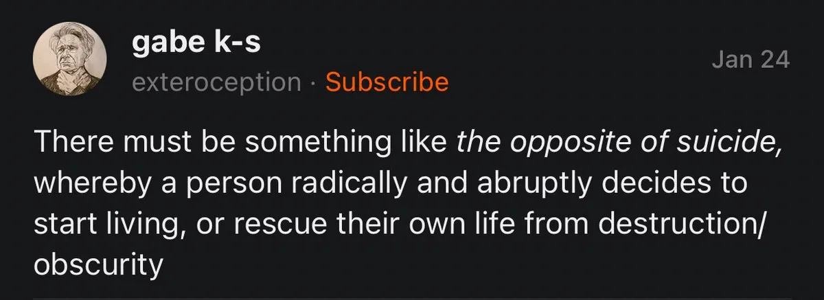 A screenshot of a YouTube comment by user 'gabe k-s' on a video titled 'exteroception'. The comment, posted on January 24…