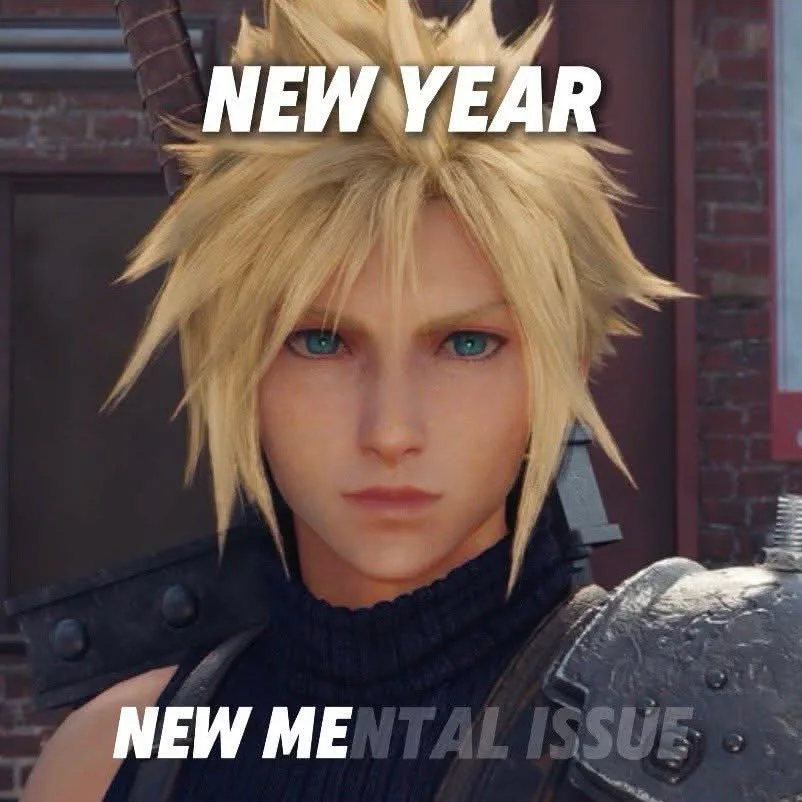 A close-up image of the video game character Cloud Strife from Final Fantasy VII, with spiky blond hair and blue eyes…