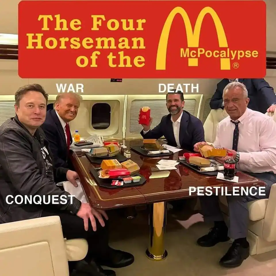 Four men sit around a table in a private jet, eating McDonald's food, with labels identifying them as 'WAR', 'DEATH'…