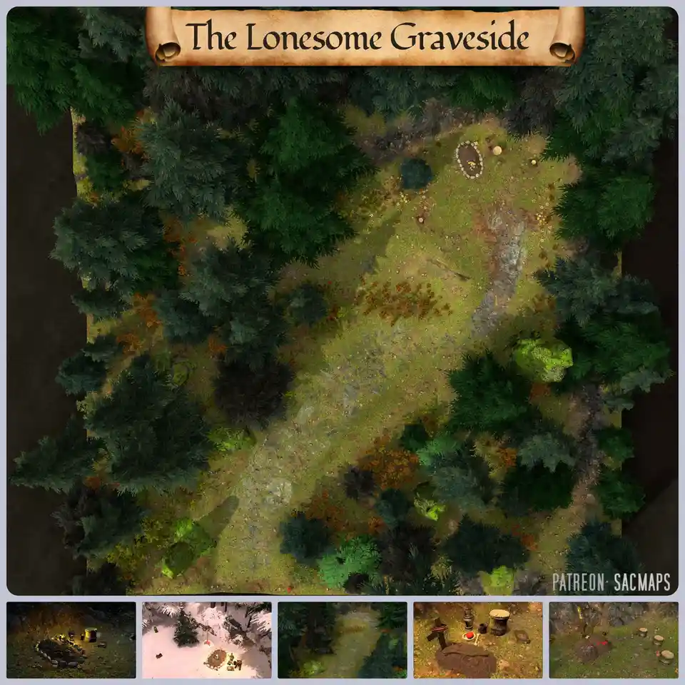 An overhead view of a fantasy forest clearing labeled 'The Lonesome Graveside' with a single grave marked by a stone circle…