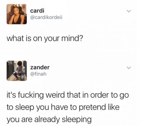 A screenshot of two Twitter replies. The first, from user 'cardi', asks 'what is on your mind?'. The second, from user…