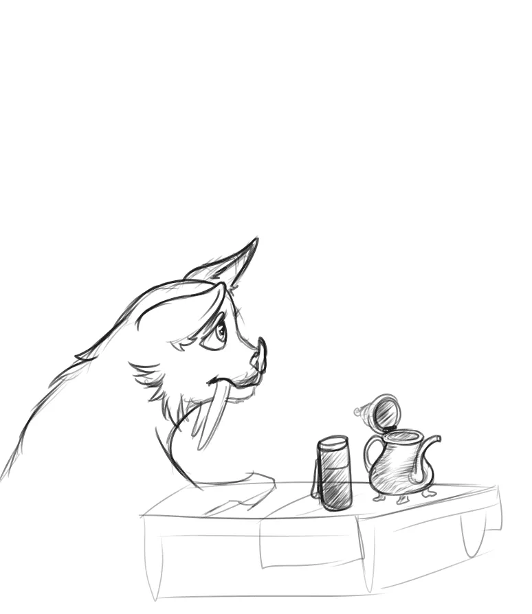 A six-panel black-and-white sketch shows a canine character with feline features (long whiskers, cat-like ears) at a tea…