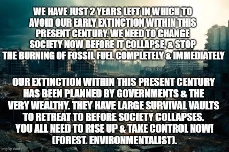 A dark, apocalyptic cityscape with crumbling buildings under a gloomy sky, overlaid with bold white text claiming humanity…