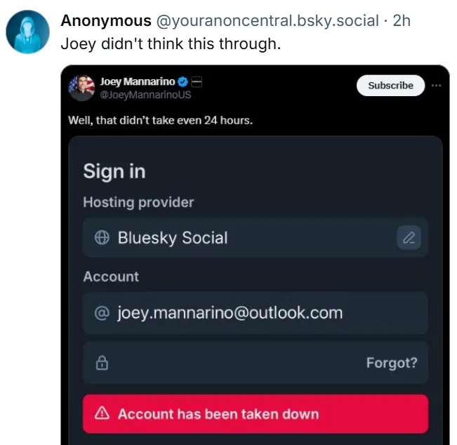 A screenshot of a Bluesky Social login page shows a red error message stating 'Account has been taken down' after entering…