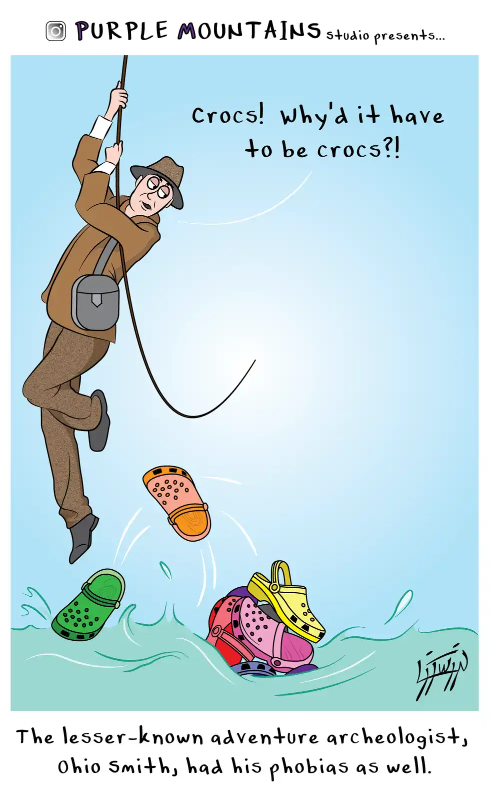 A cartoon adventurer in a brown suit and hat is hanging from a rope above water, screaming in frustration as multiple…