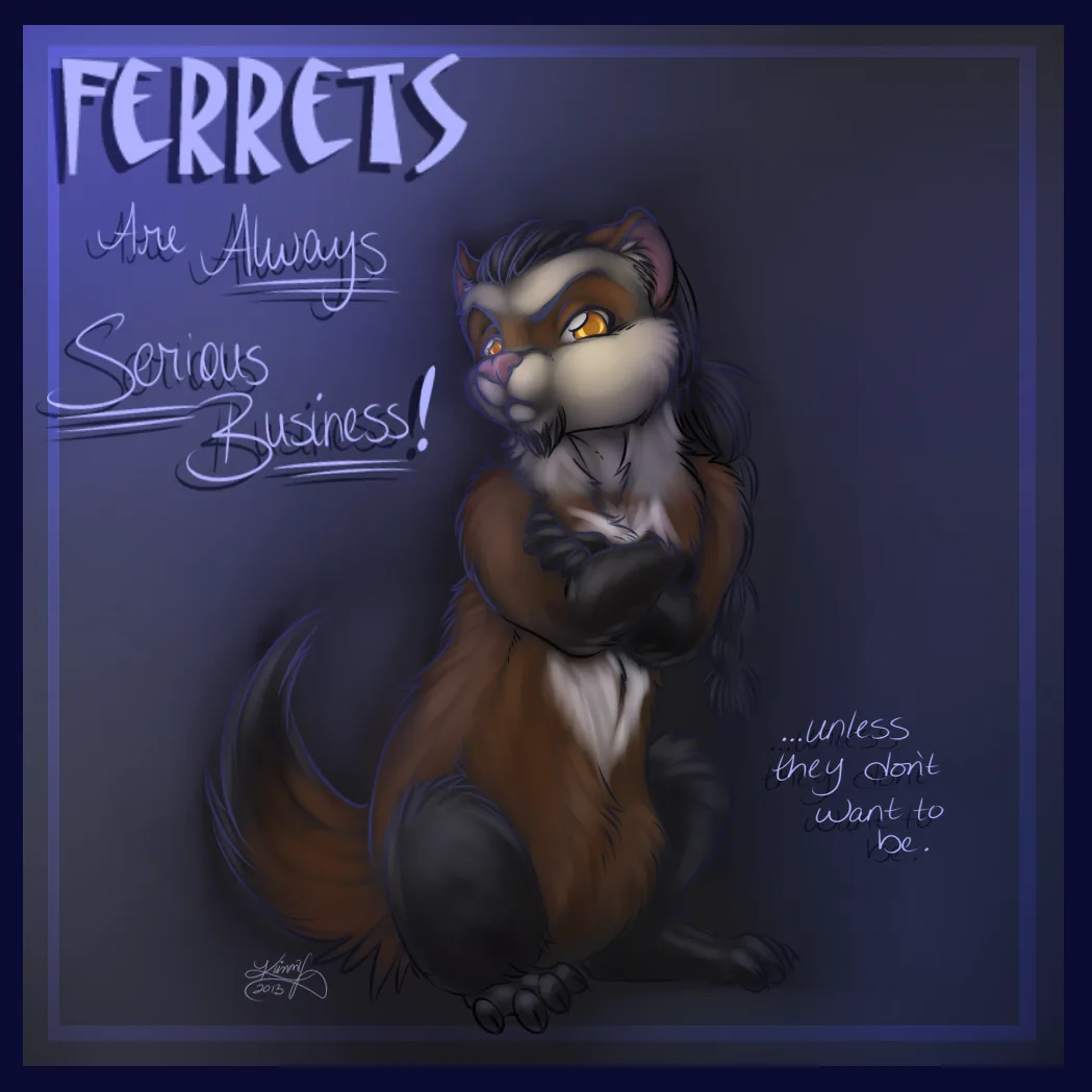 A cartoon ferret with a stern expression and arms crossed sits against a dark blue background. Large stylized text reads…