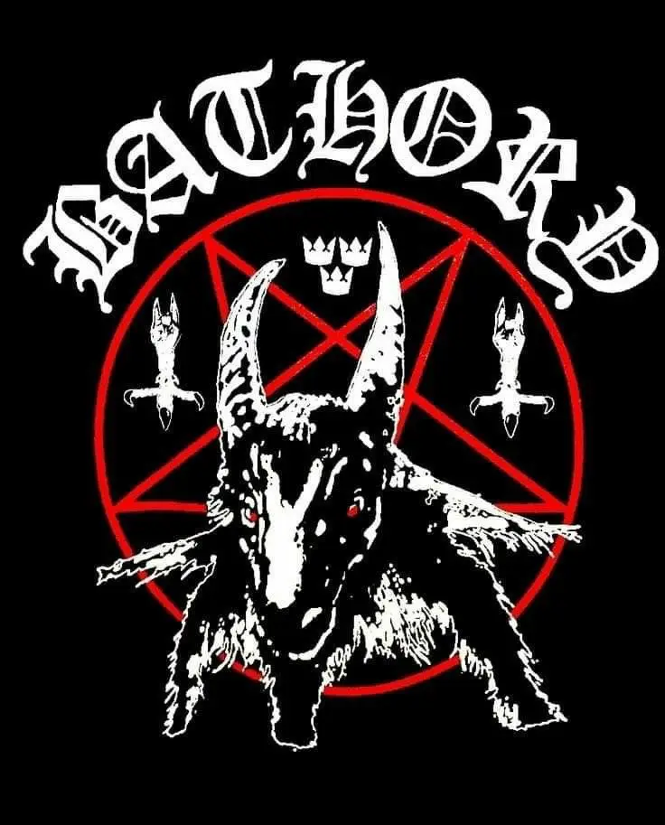 A black-and-white graphic features a demonic goat-headed figure with red eyes and horns, centered within a red inverted…