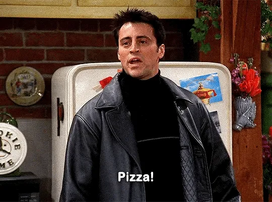 A six-panel image strip shows the character Joey Tribbiani from the TV show 'Friends' in a kitchen, wearing a black leather…