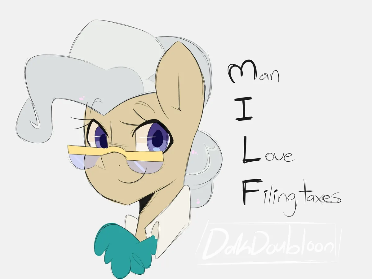 An anime-style pony with gray hair, glasses, and a teal bowtie looks excitedly at the viewer while text beside them reads…
