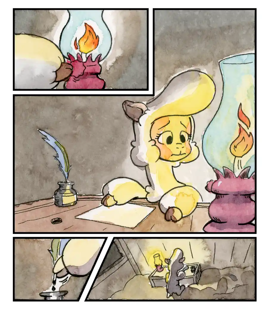 A four-panel comic strip in watercolor style shows a yellow, fluffy, anthropomorphic creature with a large head and ears. In…