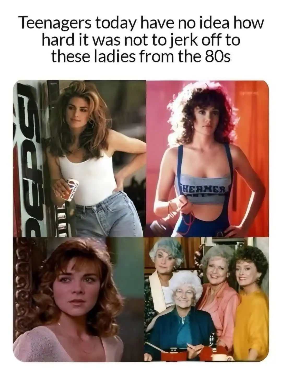 The image is a four-panel collage featuring four women from the 1980s: a woman in a white tank top holding a Pepsi can, a…
